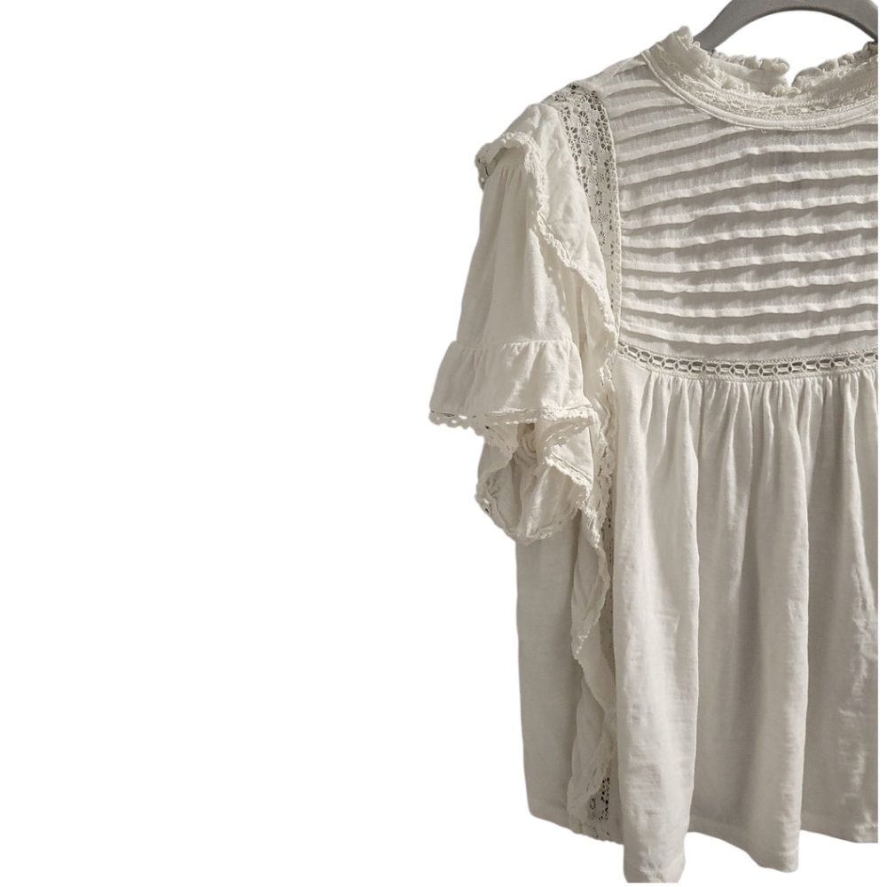 Free People White Lace-Trim Flutter Sleeve Blouse - Picture 14 of 16